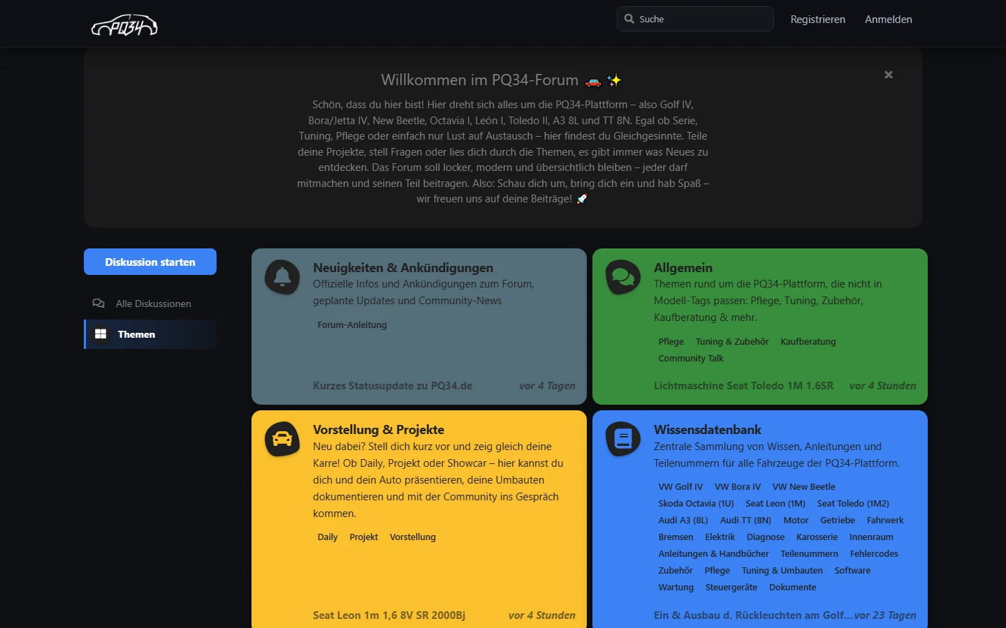 Startseite des PQ34-Forums mit verschiedenen Themenbereichen